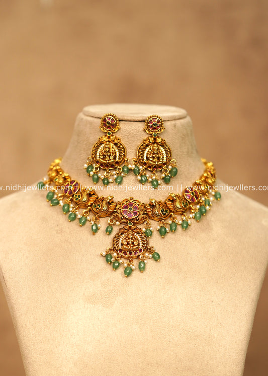 Grand Antique Temple Lakshmi & Peacock Choker Set with Emerald Beads – Namitha