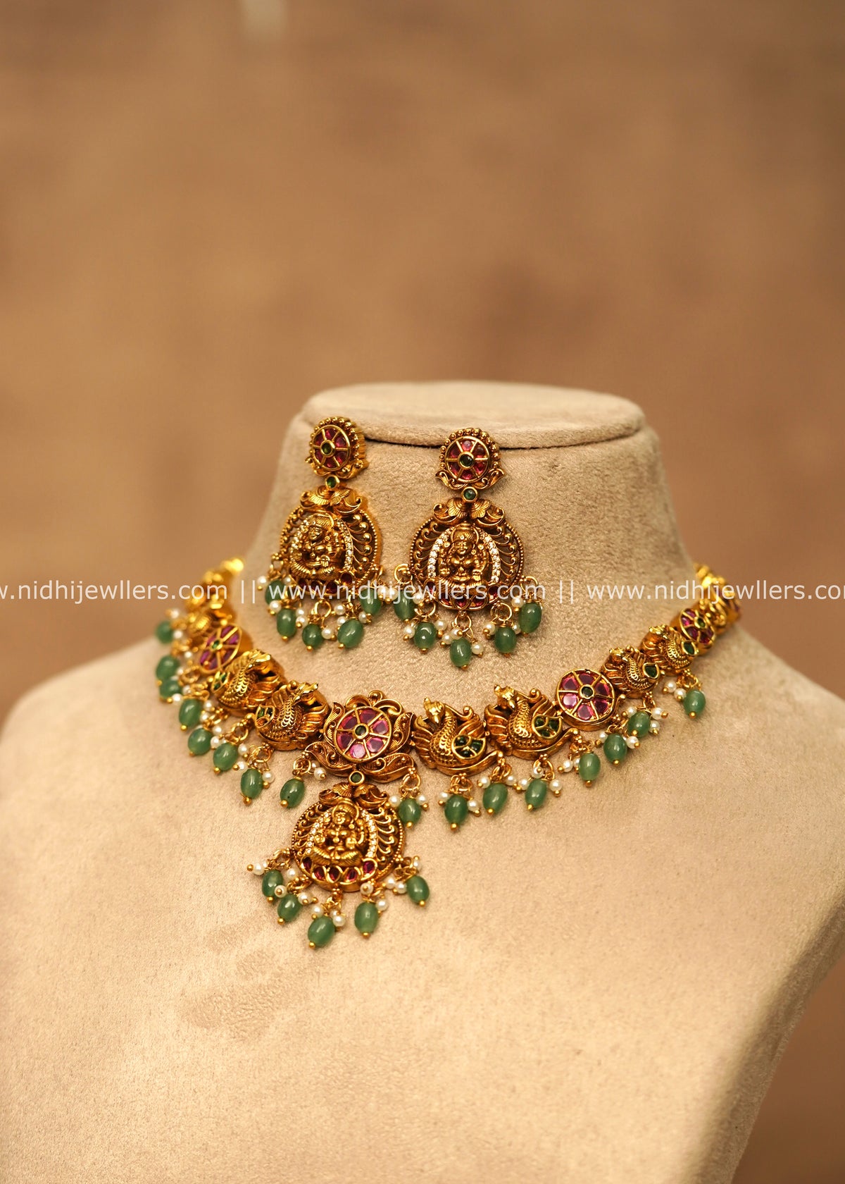Grand Antique Temple Lakshmi & Peacock Choker Set with Emerald Beads – Namitha