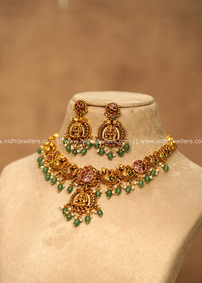 Grand Antique Temple Lakshmi & Peacock Choker Set with Emerald Beads – Namitha