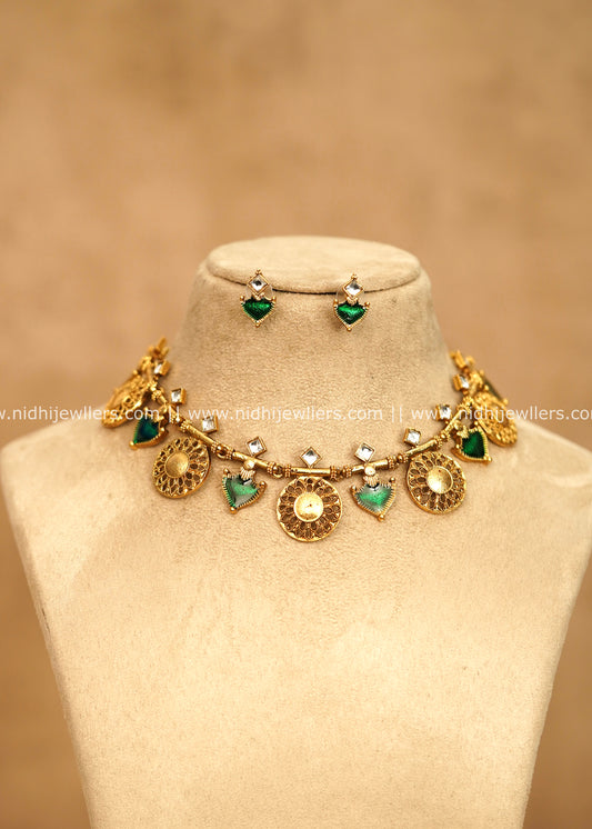Antique Green Enamel & Geometric Medallion Choker Set – Anupama