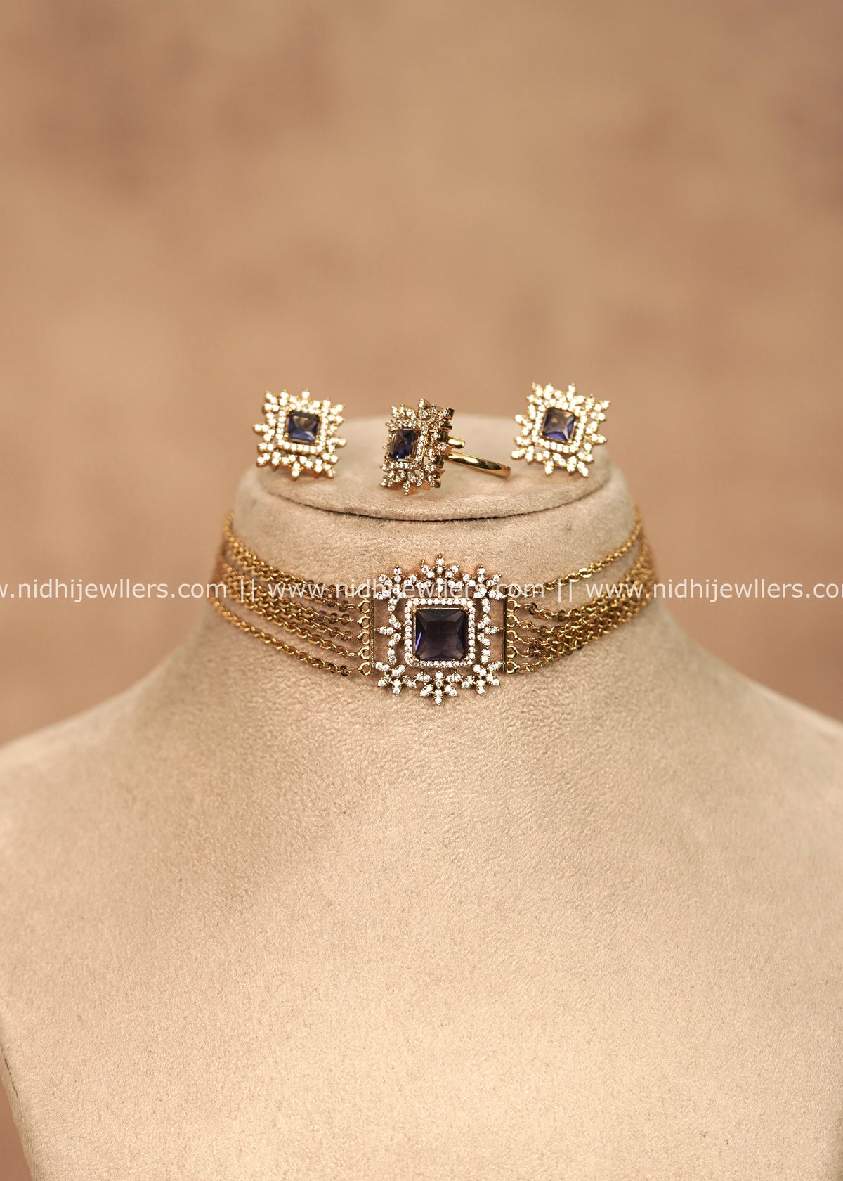Premium Multi-Strand Chain & Purple AD Starburst Choker Set with Ring – Andria