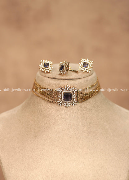 Premium Multi-Strand Chain & Purple AD Starburst Choker Set with Ring – Andria
