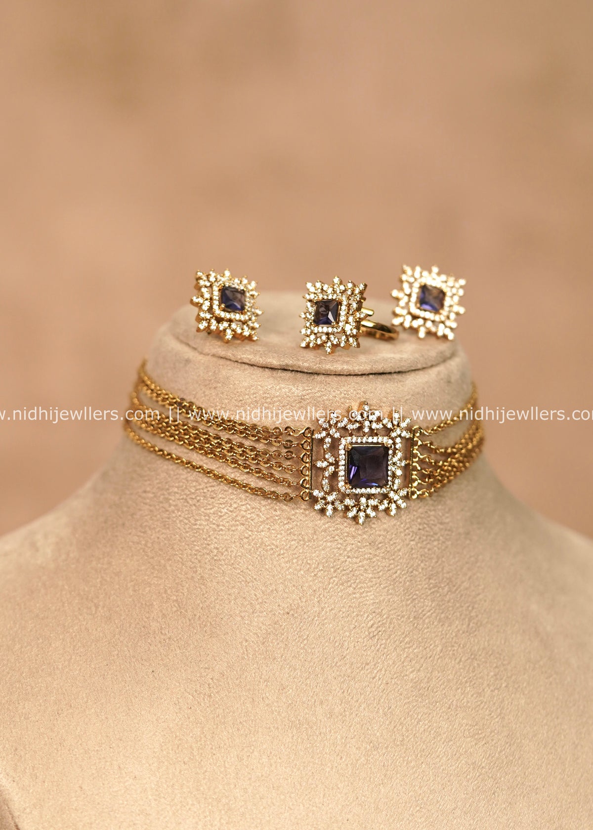 Premium Multi-Strand Chain & Purple AD Starburst Choker Set with Ring – Andria