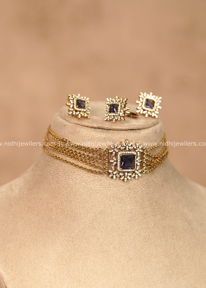 Premium Multi-Strand Chain & Purple AD Starburst Choker Set with Ring – Andria