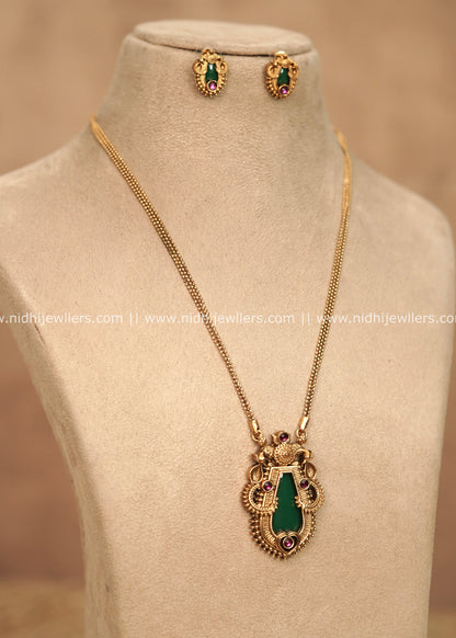 Antique Non-Idol Green Shield Pendant Long Haram Set – Nivya