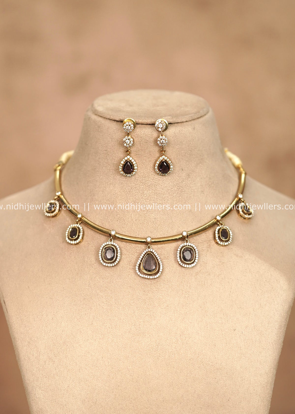 Premium AD & Smoky Drop Delicate Hasli Necklace Set – Emil