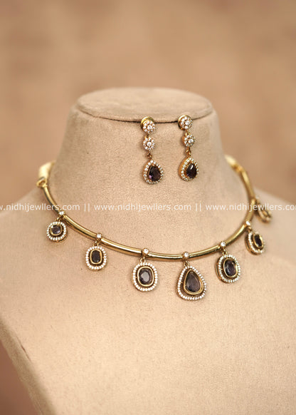 Premium AD & Smoky Drop Delicate Hasli Necklace Set – Emil