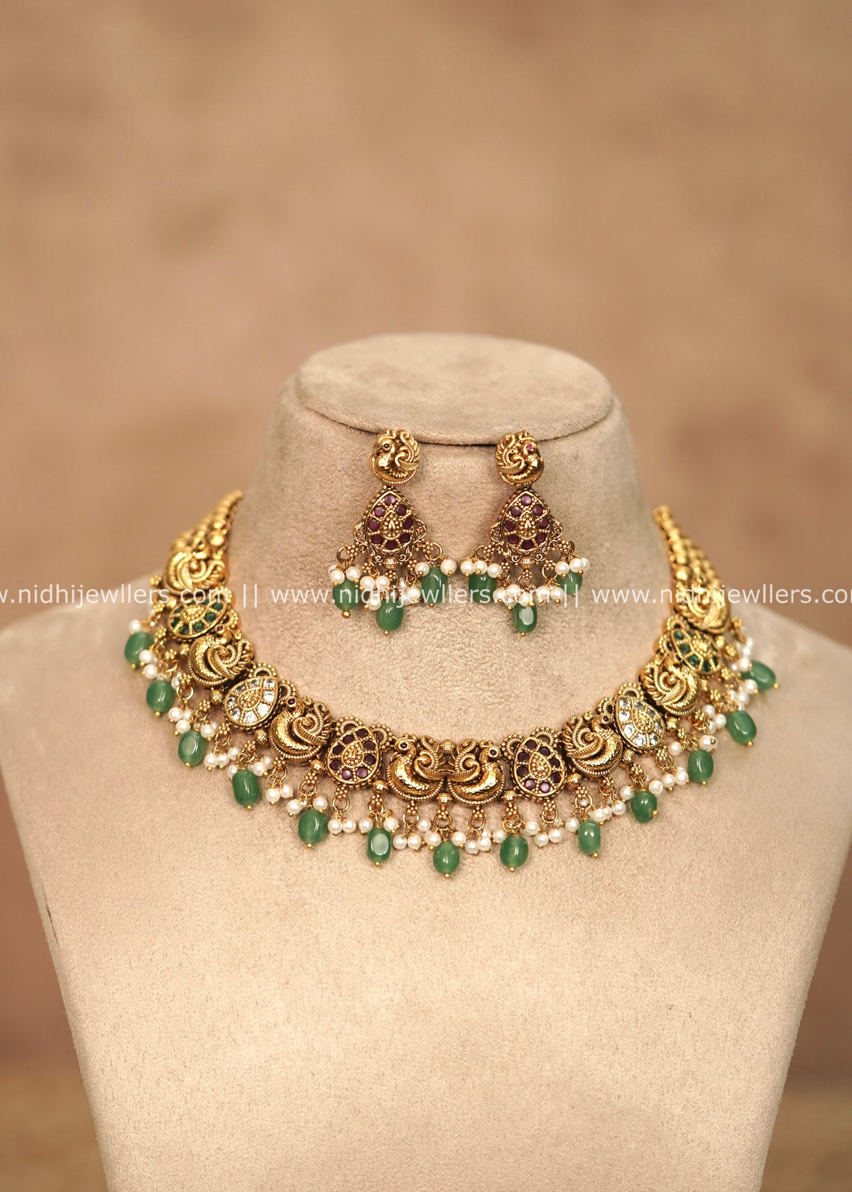 Grand Antique Peacock Kemp & Emerald Bead Choker Set – Anjali
