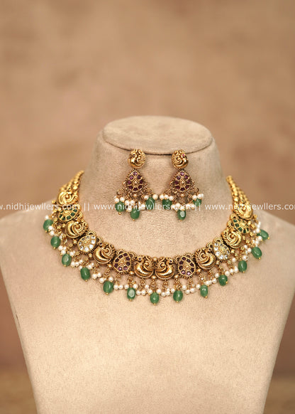 Grand Antique Peacock Kemp & Emerald Bead Choker Set – Anjali