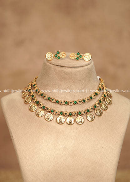 Antique Two-Layer Emerald Kemp & Goddess Lakshmi Kasu Choker Set – Chitra