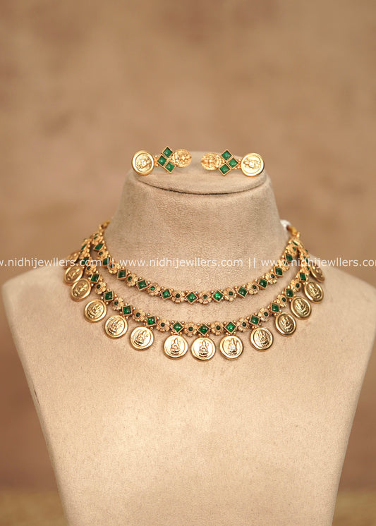 Antique Two-Layer Emerald Kemp & Goddess Lakshmi Kasu Choker Set – Chitra