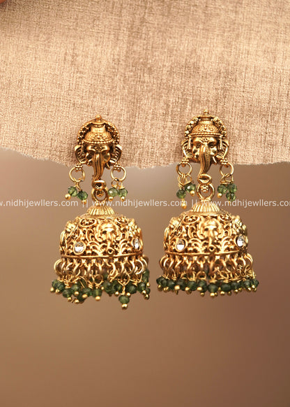 Antique Temple Lord Ganesha Jhumkas with Green Beads – Kalabham