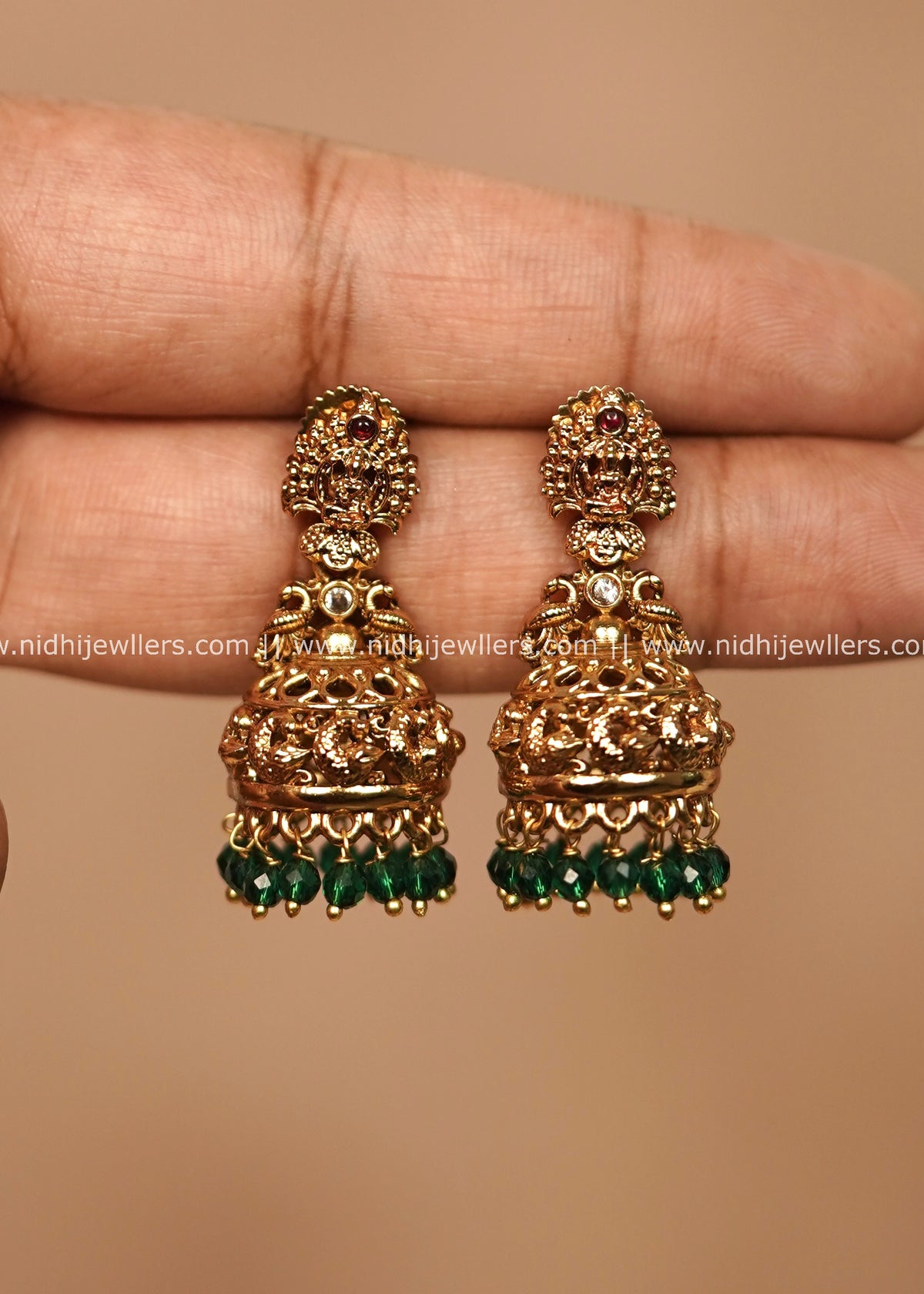 Premium Antique Temple Peacock Jhumkas with Green Beads – Midhula