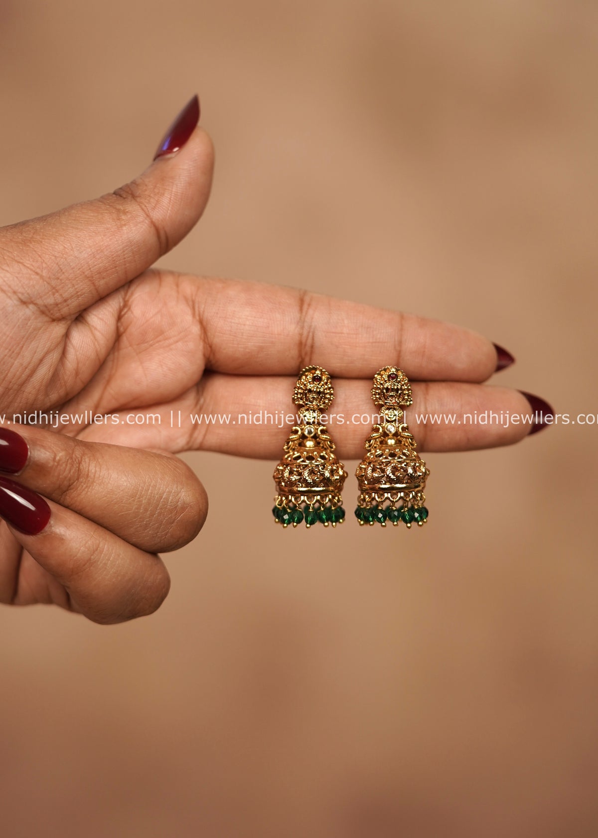 Premium Antique Temple Peacock Jhumkas with Green Beads – Midhula