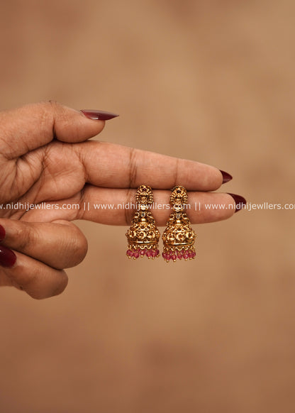 Premium Antique Temple Peacock Jhumkas with Ruby Beads – Midhula