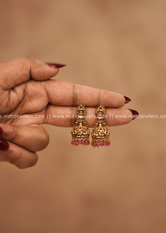 Premium Antique Temple Peacock Jhumkas with Ruby Beads – Midhula