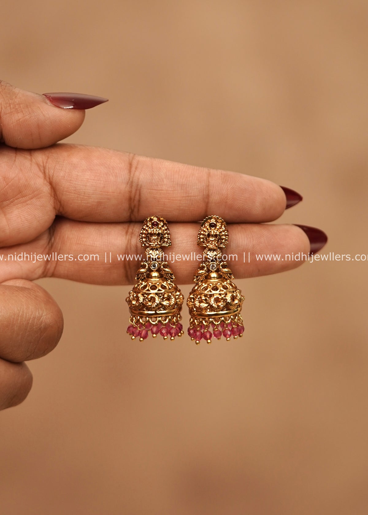 Premium Antique Temple Peacock Jhumkas with Ruby Beads – Midhula