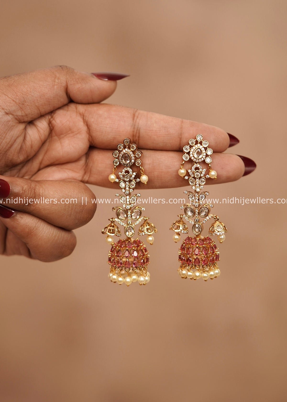 Grand AD & Pink Stone Multi-Tier Statement Jhumka Earrings – Nova
