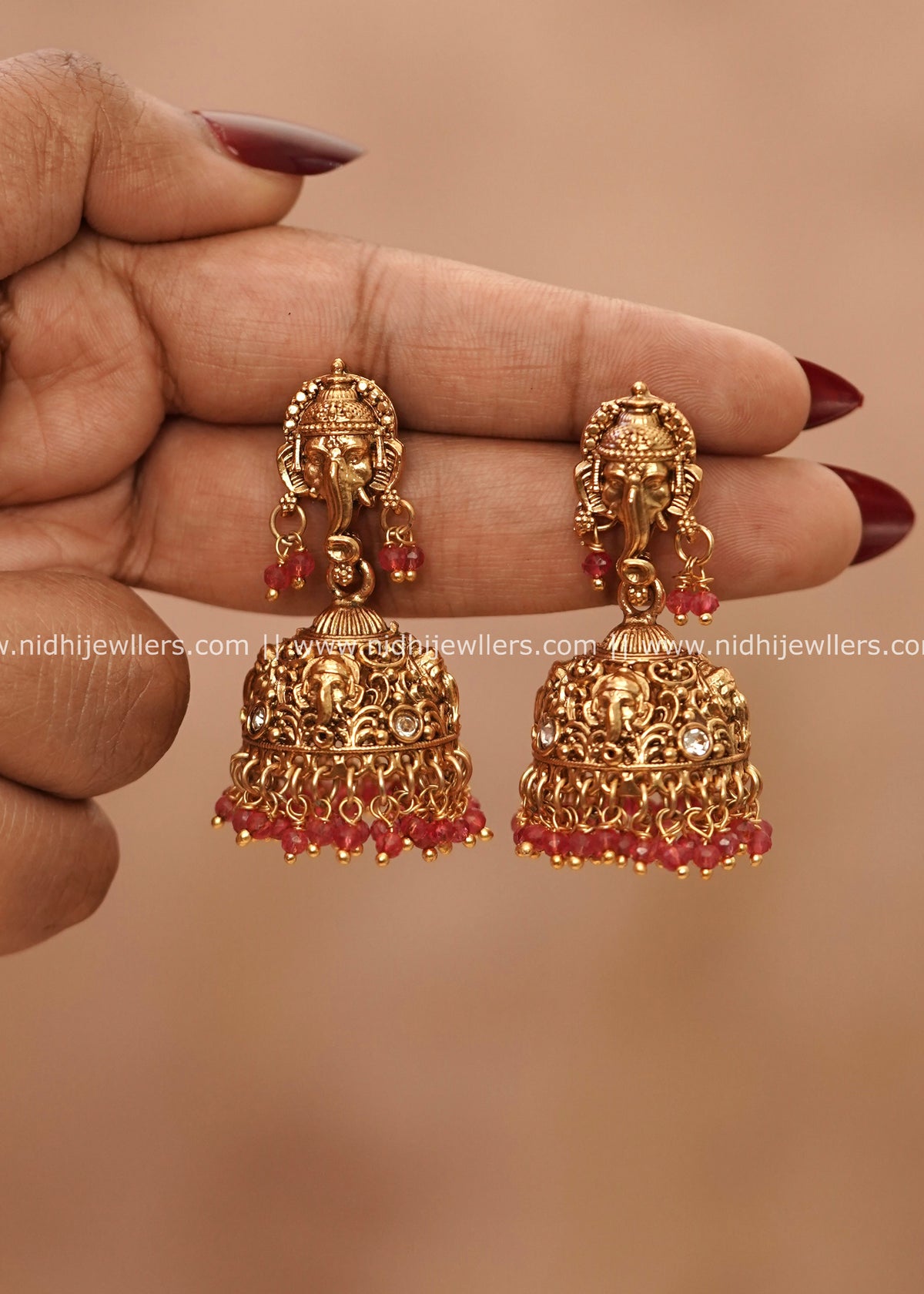 Antique Temple Lord Ganesha Jhumkas with Ruby Beads – Kalabham (Ruby)
