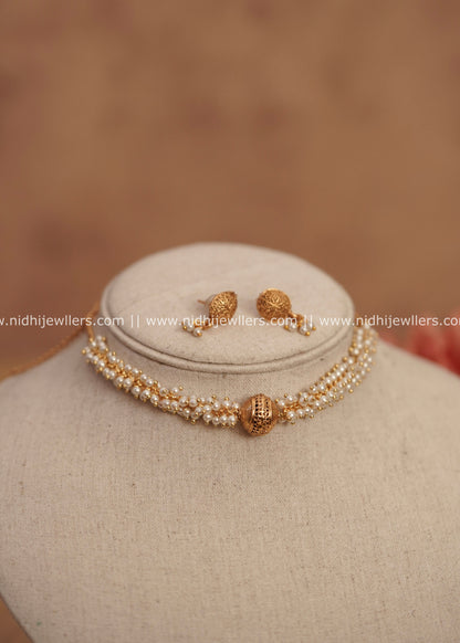 Delicate Multi-Strand Pearl & Gold Filigree Bead Choker Set – Drishya