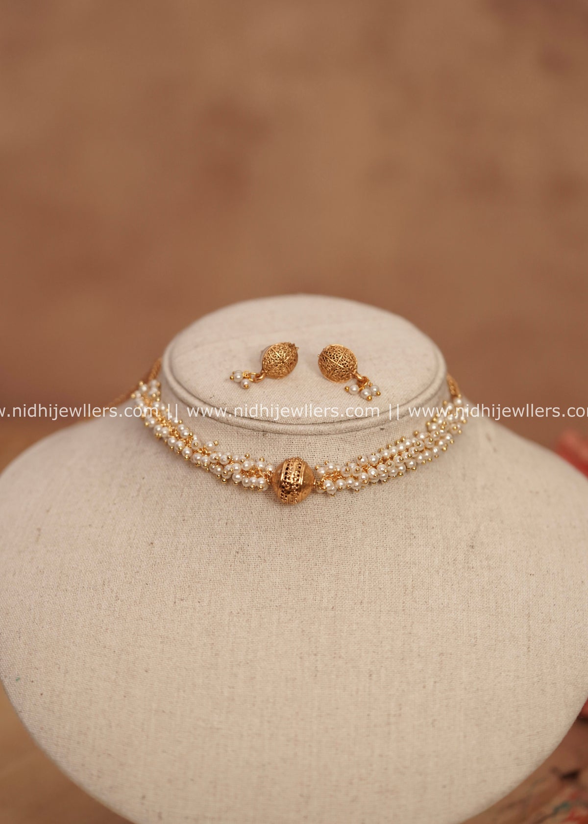 Delicate Multi-Strand Pearl & Gold Filigree Bead Choker Set – Drishya