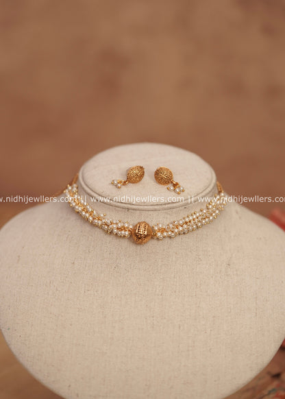 Delicate Multi-Strand Pearl & Gold Filigree Bead Choker Set – Drishya