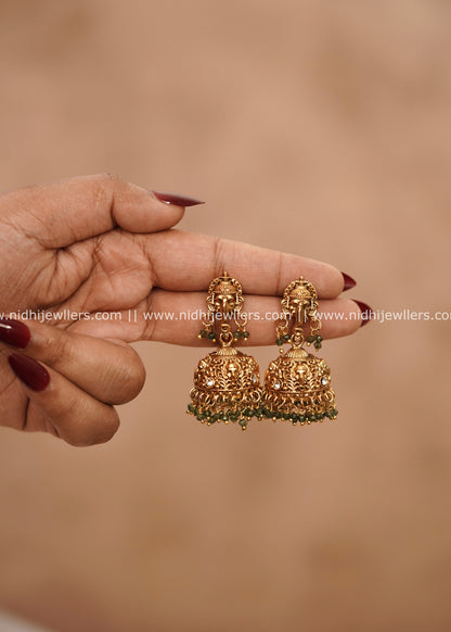 Antique Temple Lord Ganesha Jhumkas with Green Beads – Kalabham