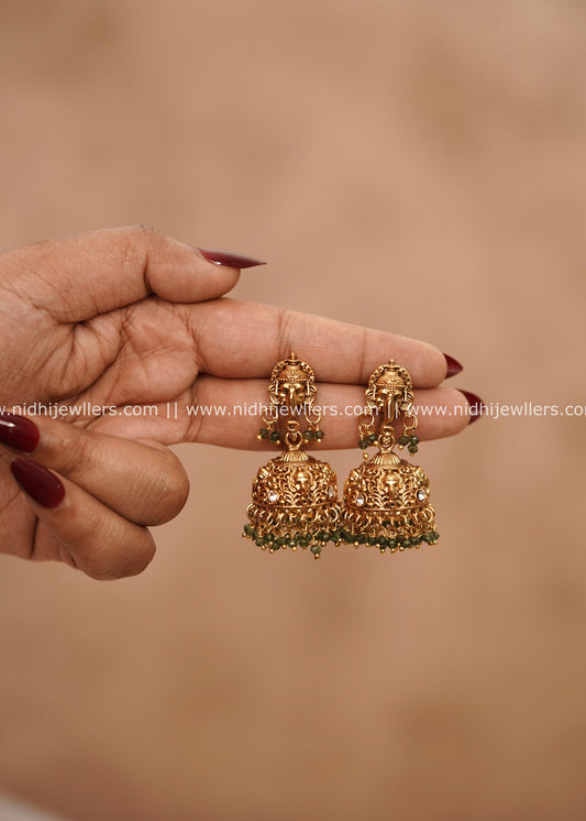 Antique Temple Lord Ganesha Jhumkas with Green Beads – Kalabham