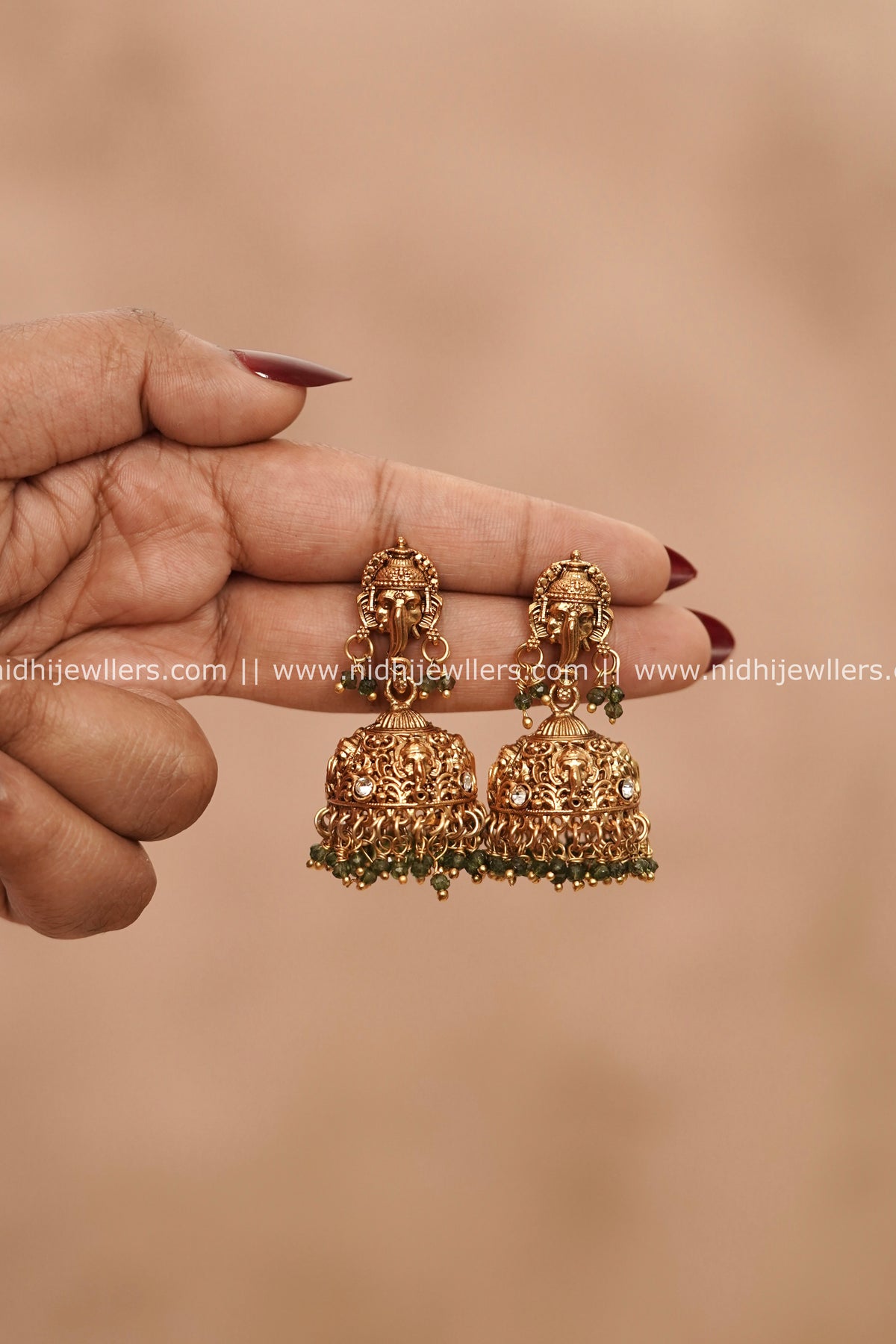 Antique Temple Lord Ganesha Jhumkas with Green Beads – Kalabham