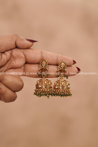 Antique Temple Lord Ganesha Jhumkas with Green Beads – Kalabham