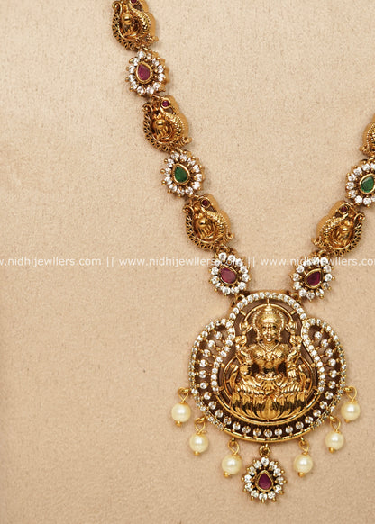 Grand Antique Temple Goddess Lakshmi Pendant Long Haram Set – Mahalakshmi