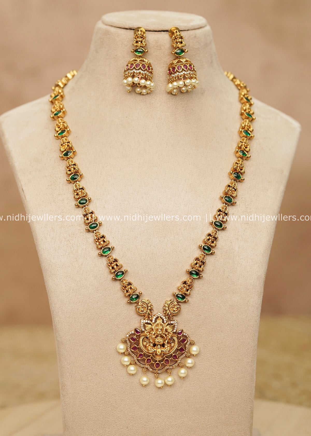 Grand Antique Temple Goddess Lakshmi Pendant & Jhumka Haram Set – Devyani