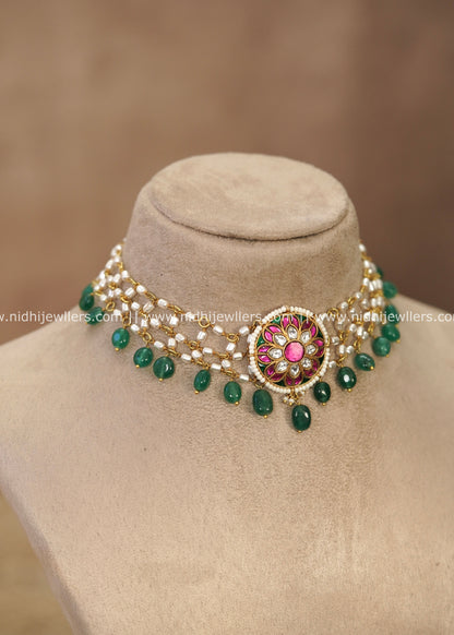 Premium Jadau Kundan & Floral Medallion Pearl Choker – Jyothika