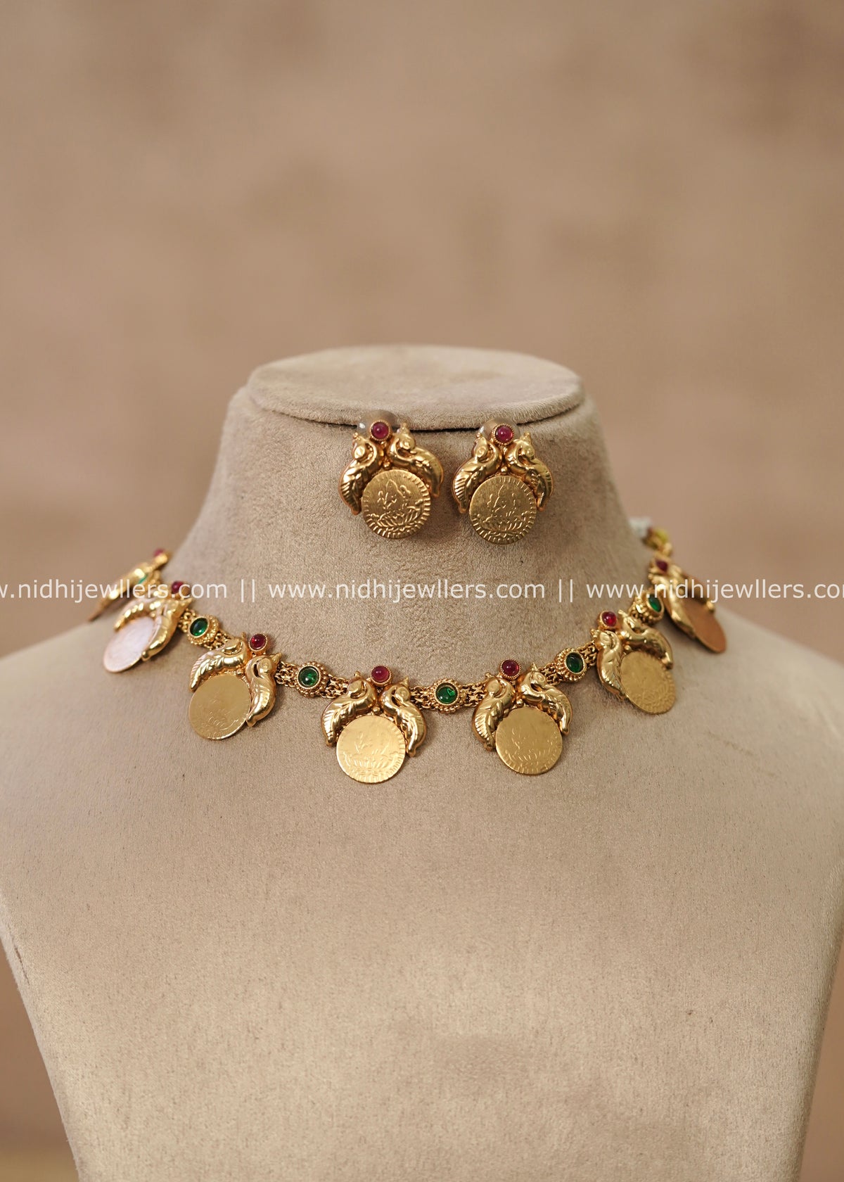 Traditional Gold Plated Peacock & Goddess Lakshmi Kasu Choker Set – Anamika