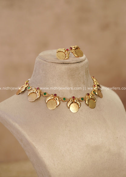 Traditional Gold Plated Peacock & Goddess Lakshmi Kasu Choker Set – Anamika