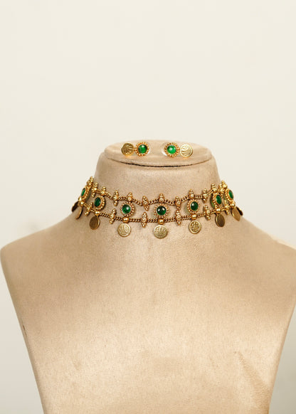 Traditional Emerald Kemp & Goddess Lakshmi Kasu Coin Mesh Choker Set – Dhanvi (Green)