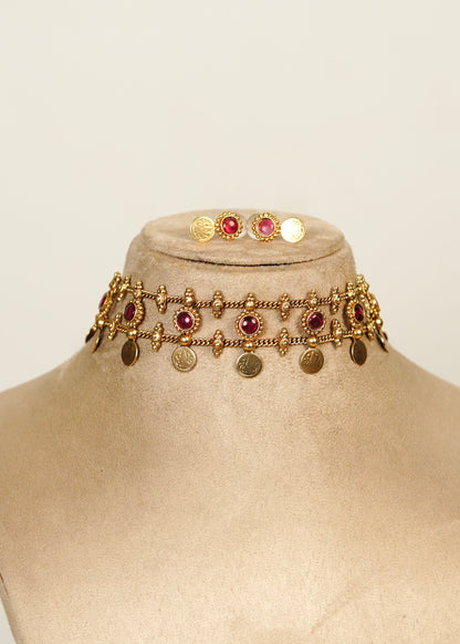 Traditional Ruby Kemp & Goddess Lakshmi Kasu Coin Mesh Choker Set – Dhanvi