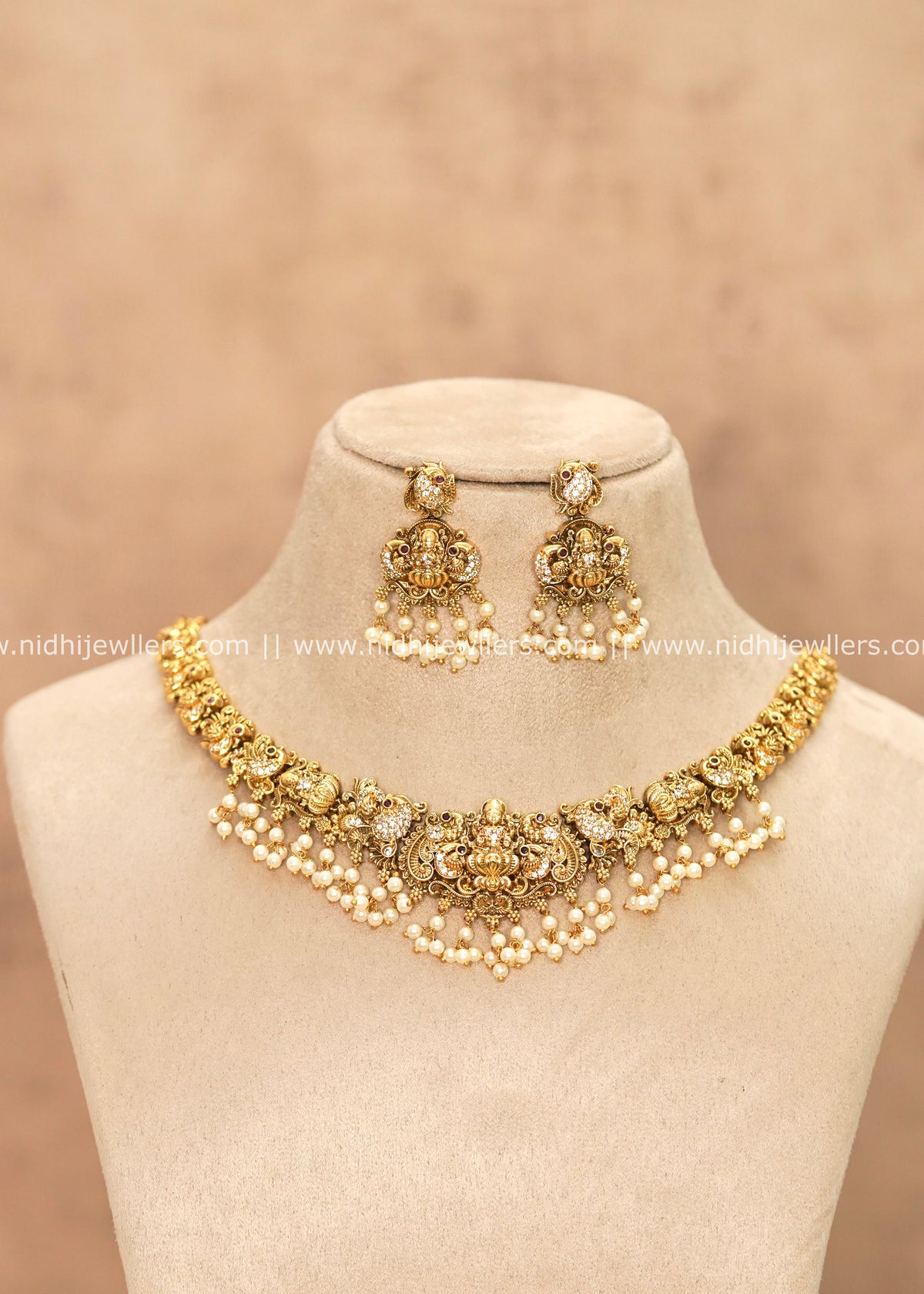 Grand Antique Temple Goddess Lakshmi & Peacock CZ Necklace Set – Parvana