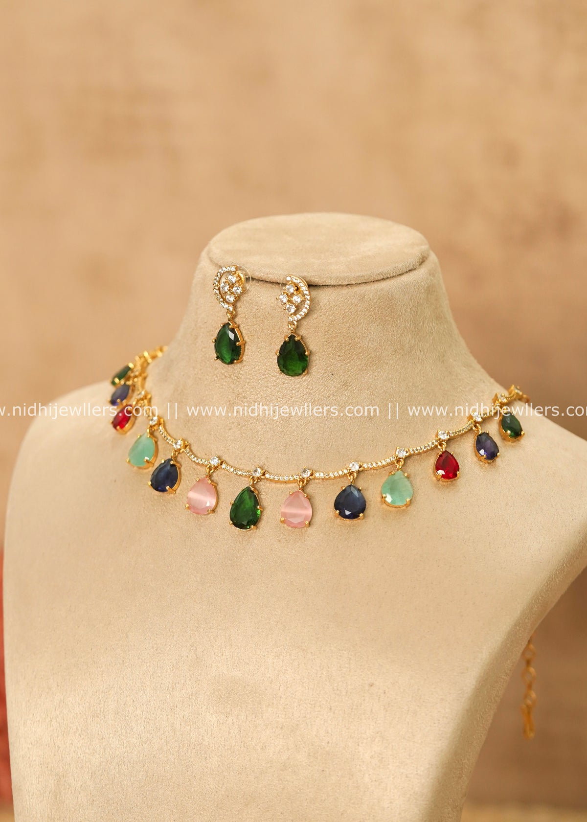 Multi-Color Faceted Teardrop Crystal & AD Short Necklace – Nayan