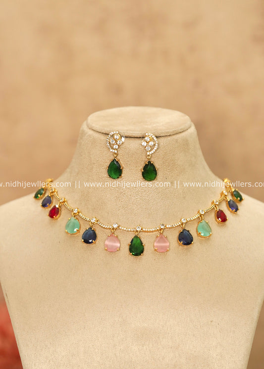 Multi-Color Faceted Teardrop Crystal & AD Short Necklace – Nayan