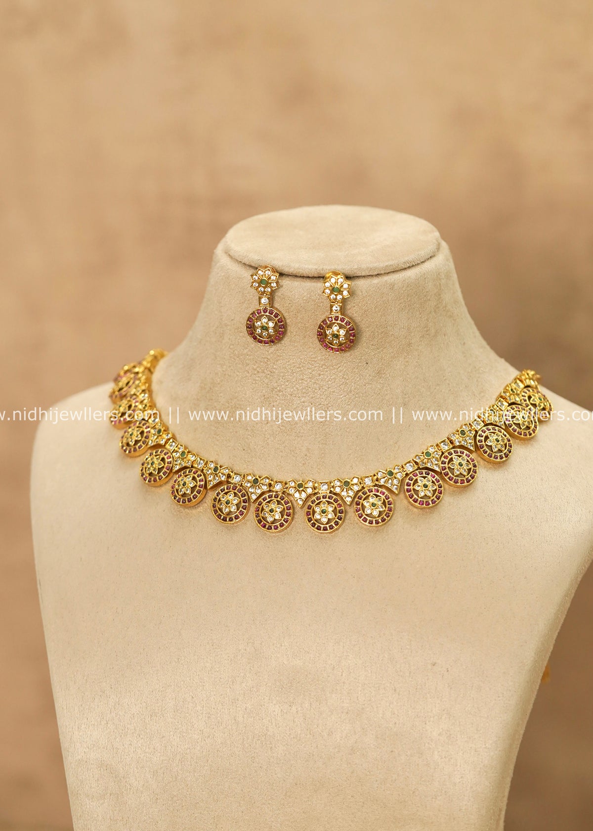 Traditional Floral Wheel CZ & Kemp Short Necklace Set – Gopika