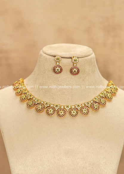Traditional Floral Wheel CZ & Kemp Short Necklace Set – Gopika