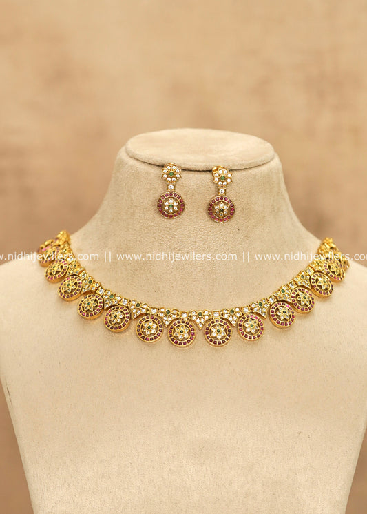 Traditional Floral Wheel CZ & Kemp Short Necklace Set – Gopika