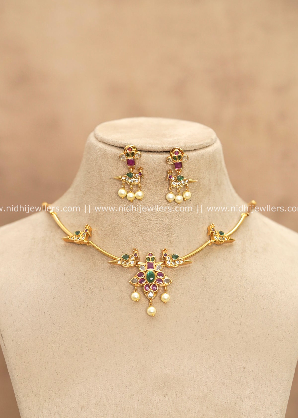 Traditional Peacock Motif Kemp & Uncut CZ Hasli Necklace Set – Milna