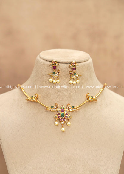 Traditional Peacock Motif Kemp & Uncut CZ Hasli Necklace Set – Milna