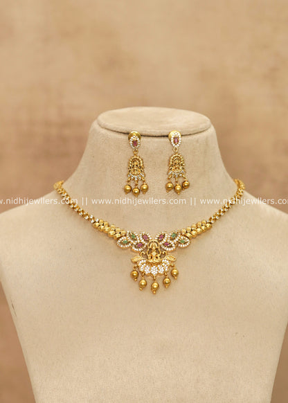 Grand Antique Temple Goddess Lakshmi CZ & Kemp Short Necklace Set – Mudra