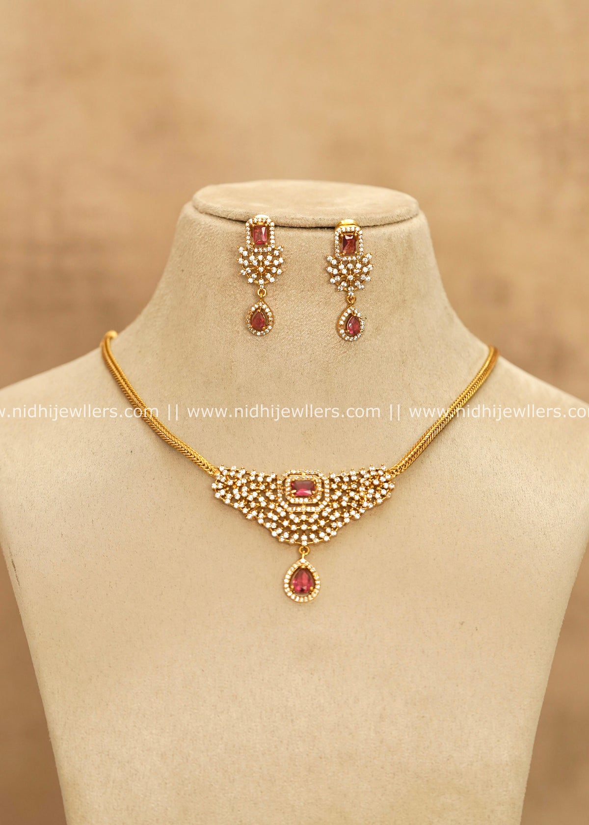 Elegant V-Contour CZ & Ruby Kemp Short Necklace Set – Hannah