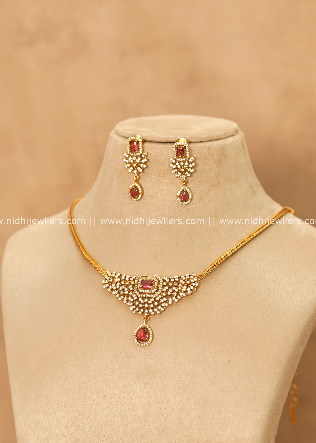 Elegant V-Contour CZ & Ruby Kemp Short Necklace Set – Hannah