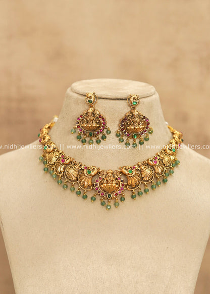 Grand Nakshi Antique Temple Goddess Lakshmi & Peacock Choker Set – Sreelatha