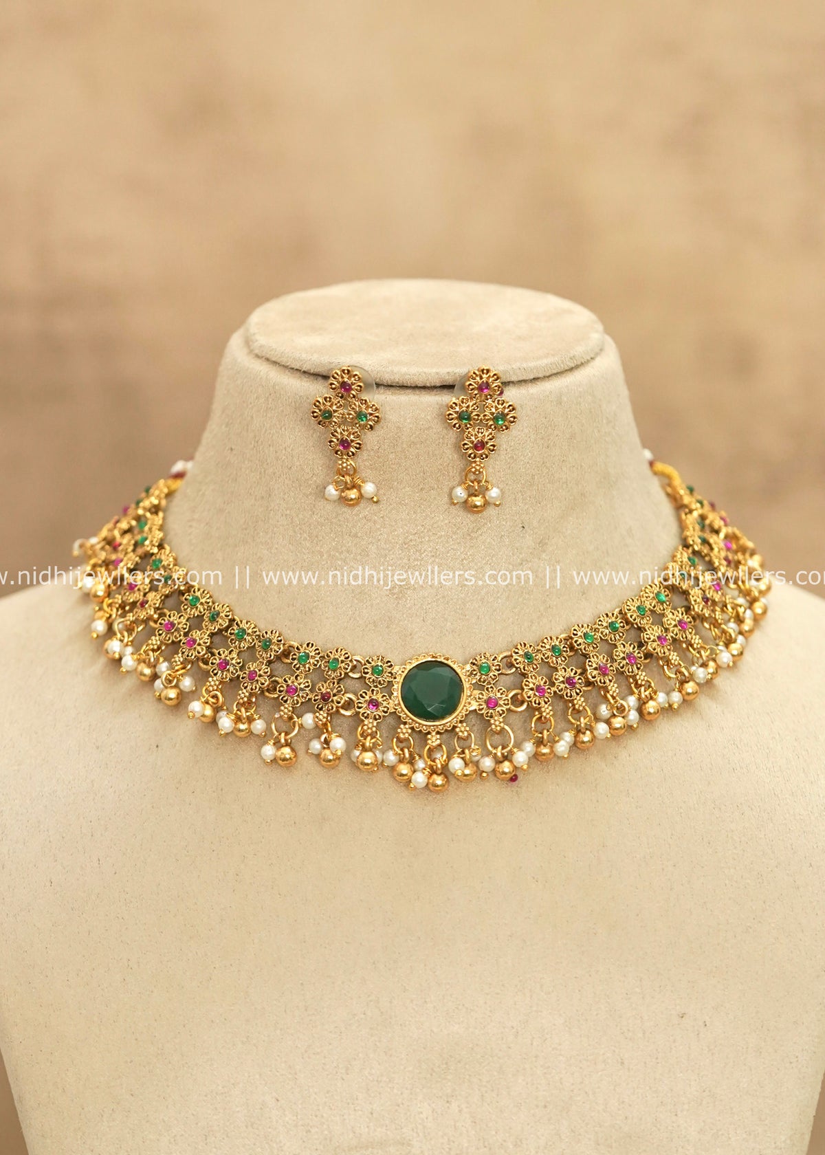 Traditional Floral Lattice Kemp & Pearl Choker Set – Hansika